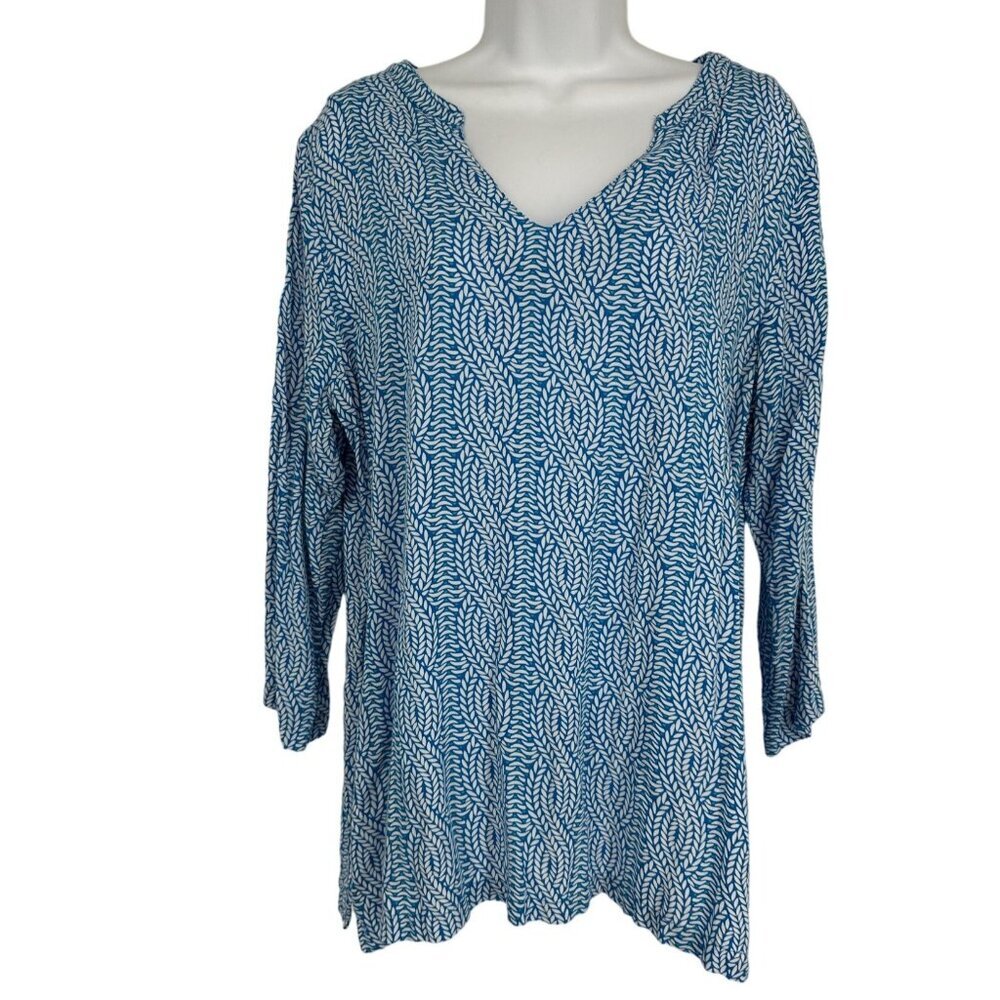 Escapada Womens Popover Top Blue Abstract 3/4 Sleeve Blouse Size L